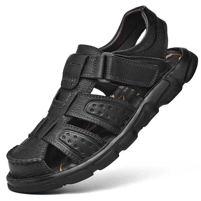 Chaussures décontractées en cuir véritable pour hommes, sandales classiques de haute qualité pour hommes, baskets d'été pour la marche en plein air, sandales respirantes pour hommes