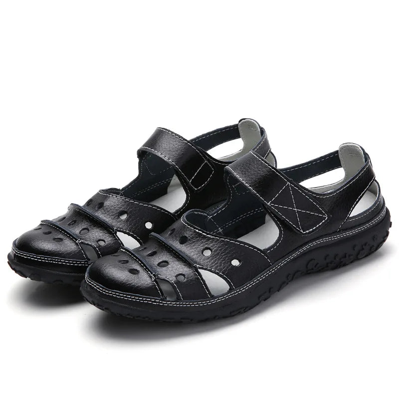 WOIZGIC Sandales en cuir véritable pour femmes, chaussures blanches, crochet et boucle, pour l'été, la plage, creuses et souples, LLX-9566