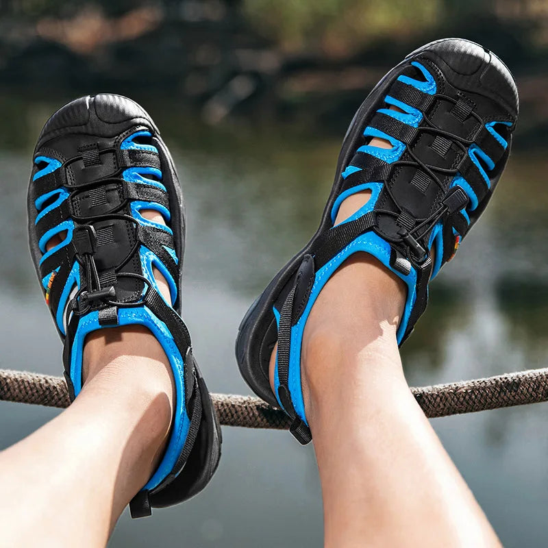 Sandales d'été en cuir véritable pour hommes, chaussures décontractées respirantes à semelle souple, sandales de plage d'extérieur, grande taille 48