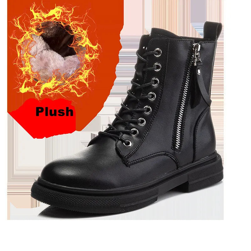 WOIZGIC Femmes Dames En Cuir Véritable Femmes Chaussures Bottines Plateforme À Lacets Chaud Hiver Automne Fourrure Peluche Moto