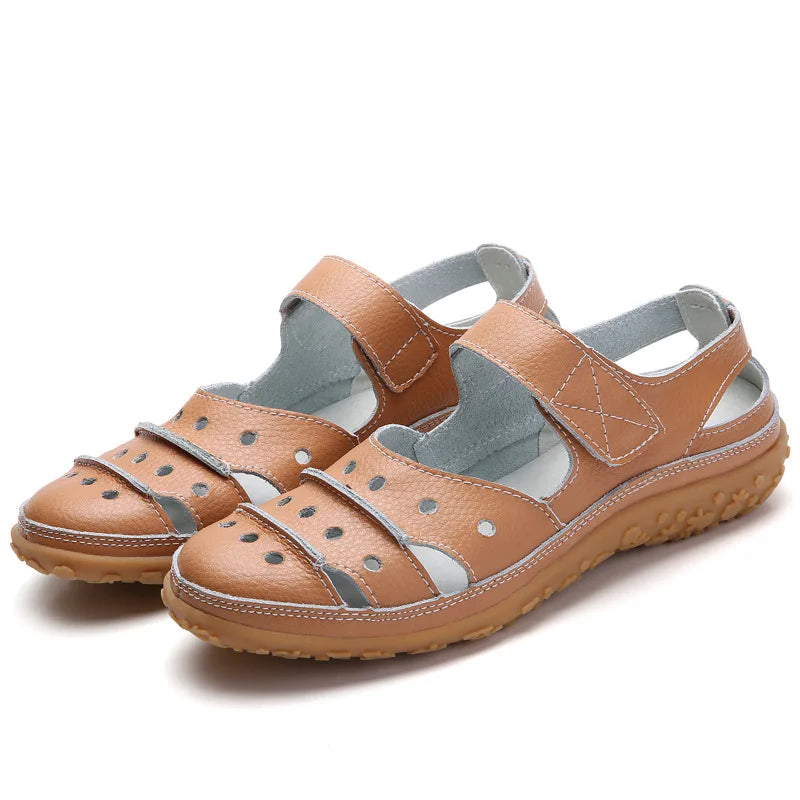 WOIZGIC Sandales en cuir véritable pour femmes, chaussures blanches, crochet et boucle, pour l'été, la plage, creuses et souples, LLX-9566