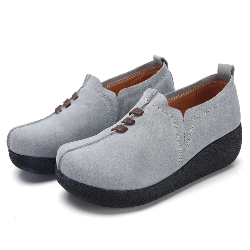 WOIZGIC Femmes Femmes Mère Dames Véritable Cuir Vache Daim Chaussures Plates Plateforme Sans Lacet Coréen Grande Taille 42 43 LLX-3022