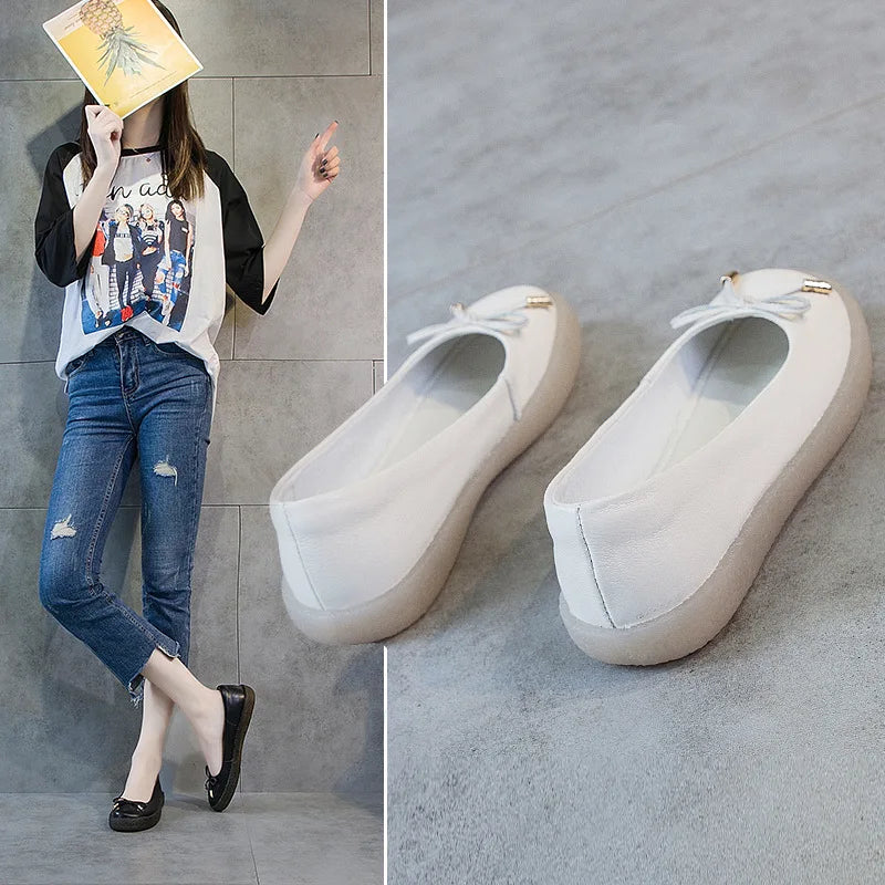 WOIZGIC Women's Ladies Female Mother White Genuine Leather Shoes Flats Non Slip On Casual Bow Plus Size 43 42 JZ-19111