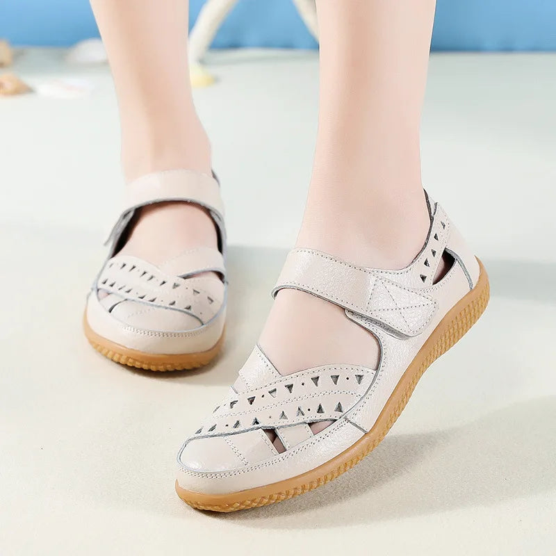 WOIZGIC Femmes Mère Véritable Cuir Creux Blanc Chaussures Sandales Appartements Mocassins Été Cool Plage Grande Taille 41 42