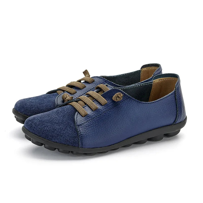 WOIZGIC Women's Genuine Leather Mother Ladies Shoes Flats Loafers Ballerina Lace Up Soft Moccains Plus Size 43 44 MX-052