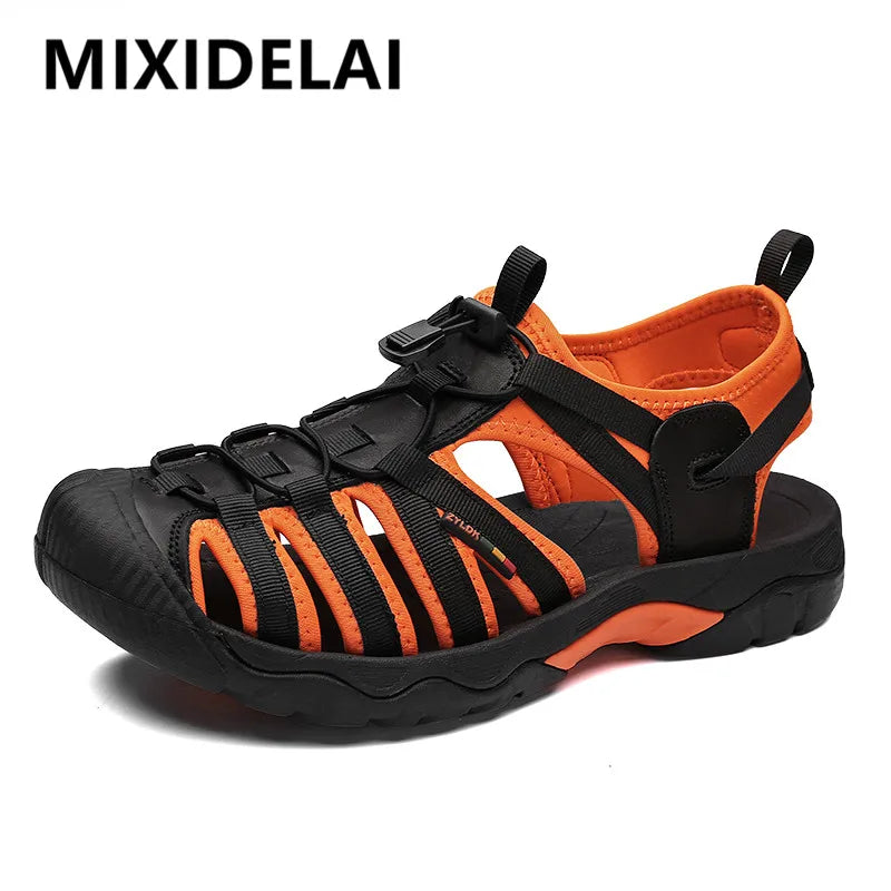 Sandales d'été en cuir véritable pour hommes, chaussures décontractées respirantes à semelle souple, sandales de plage d'extérieur, grande taille 48