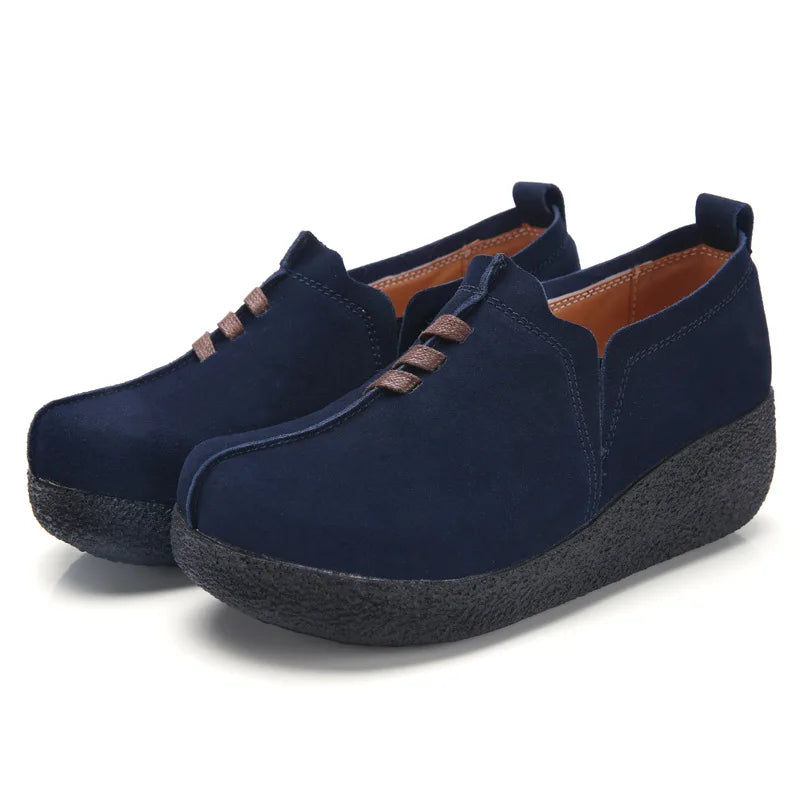 WOIZGIC Femmes Femmes Mère Dames Véritable Cuir Vache Daim Chaussures Plates Plateforme Sans Lacet Coréen Grande Taille 42 43 LLX-3022