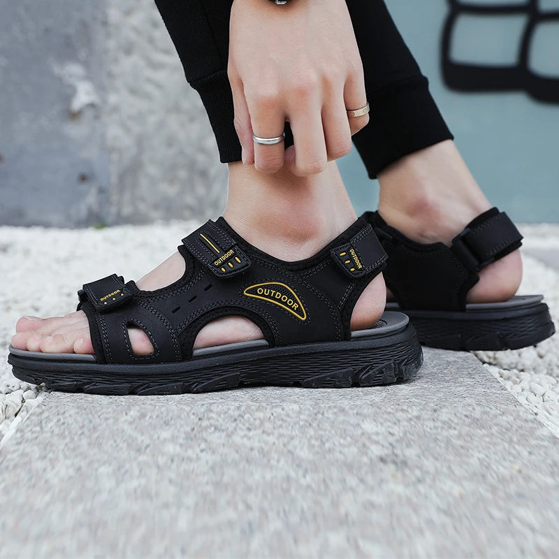 Sandales classiques pour hommes, sandales d'été en cuir véritable, sandales de plage, chaussures décontractées pour hommes, sandales de pataugeoire, baskets d'extérieur, grande taille