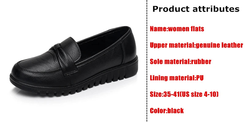 WOIZGIC Femmes Vieille Mère Femmes Chaussures Plates Mocassins Vache Véritable Cuir Sans Lacet Noir Bout Rond PU Décontracté Solide 35-41 HD-802