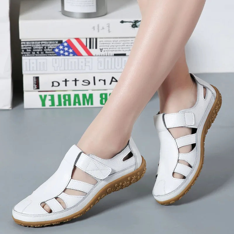 WOIZGIC Femmes Dames Femme Mère Chaussures En Cuir Véritable Sandales Gladiateur Été Plage Cool Creux Souple Crochet Boucle LLX-9568