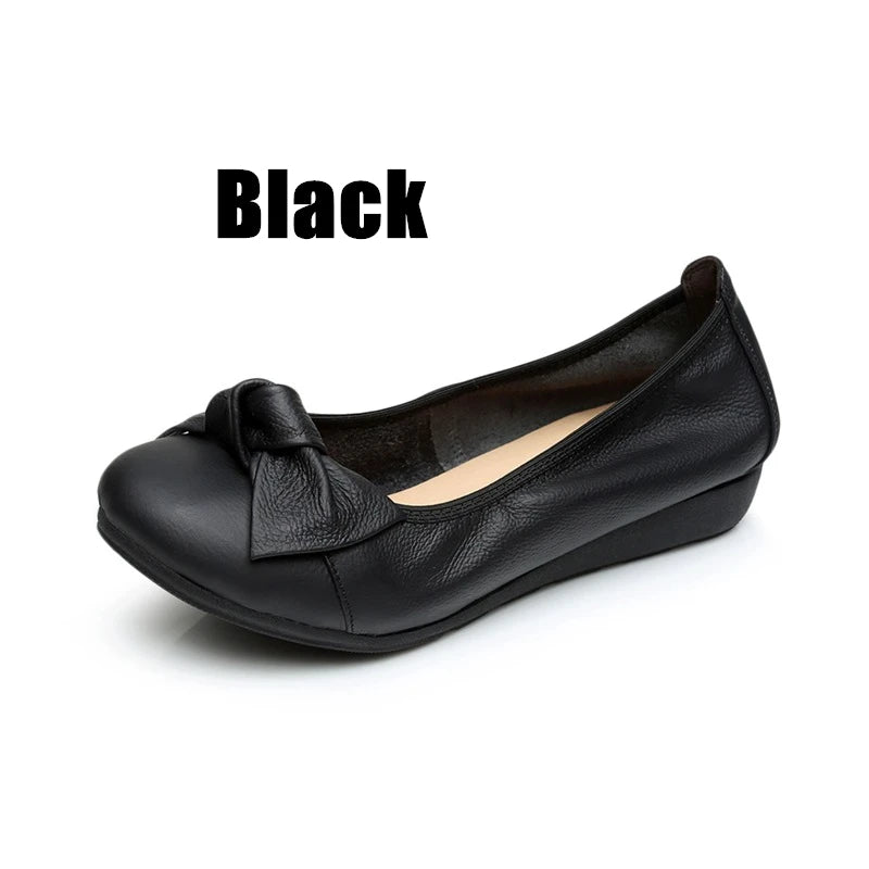 WOIZGIC Women Shoes Mother Flats Casual Cow Genuine Leather Round Bowknot Slip On Loafers Pigskin Vintage 35-40 HN-306