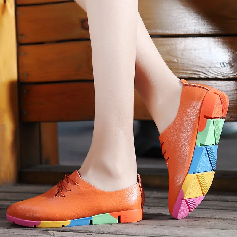 WOIZGIC Femmes Mère Femme Dames Chaussures Plates Mocassins Vache Véritable Cuir Souple Peau De Porc Décontracté À Lacets Chaussures 35-44 AZE-910