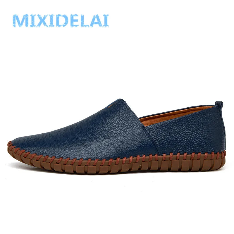MIXIDELAI Mocassins en cuir de vache véritable pour homme, mocassins tendance faits main, en cuir souple, bleus, à enfiler, grande taille 38 à 47