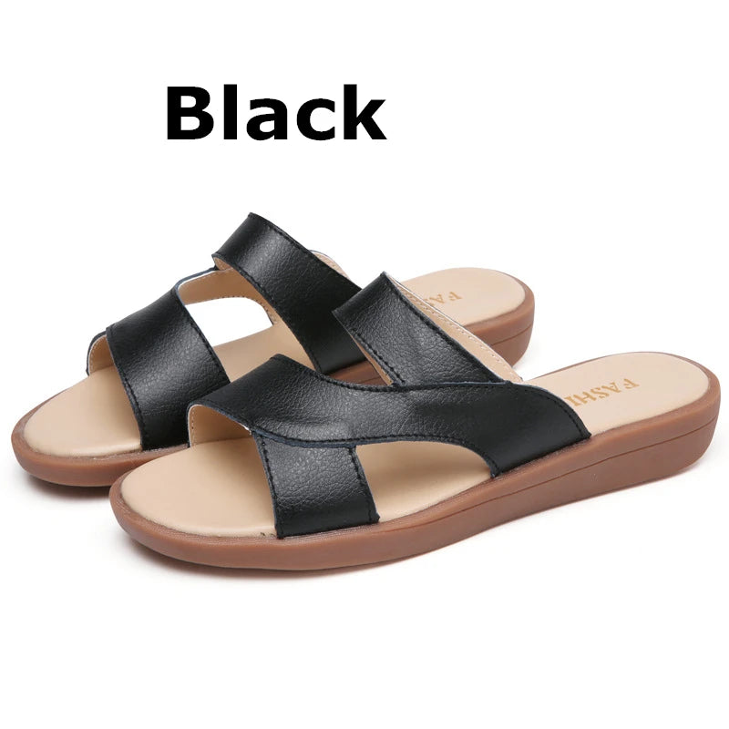 WOIZGIC Nouvelles Femmes Vieille Mère Femmes Dames Chaussures Sandales Vache Véritable Cuir Sans Lacet Été Plage Décontracté Taille 35-40 YL-1802
