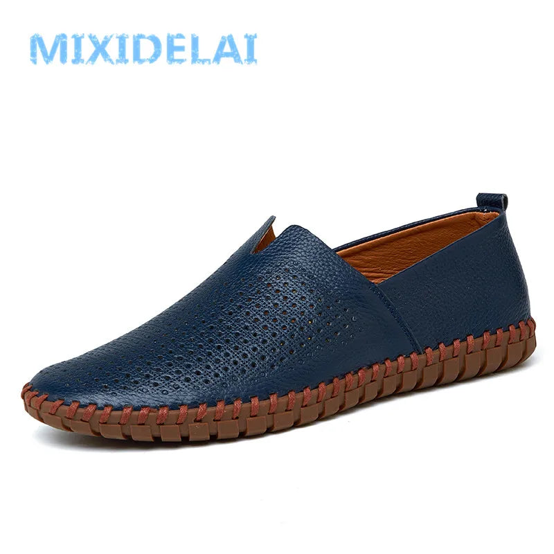 MIXIDELAI Mocassins en cuir de vache véritable pour homme, mocassins tendance faits main, en cuir souple, bleus, à enfiler, grande taille 38 à 47