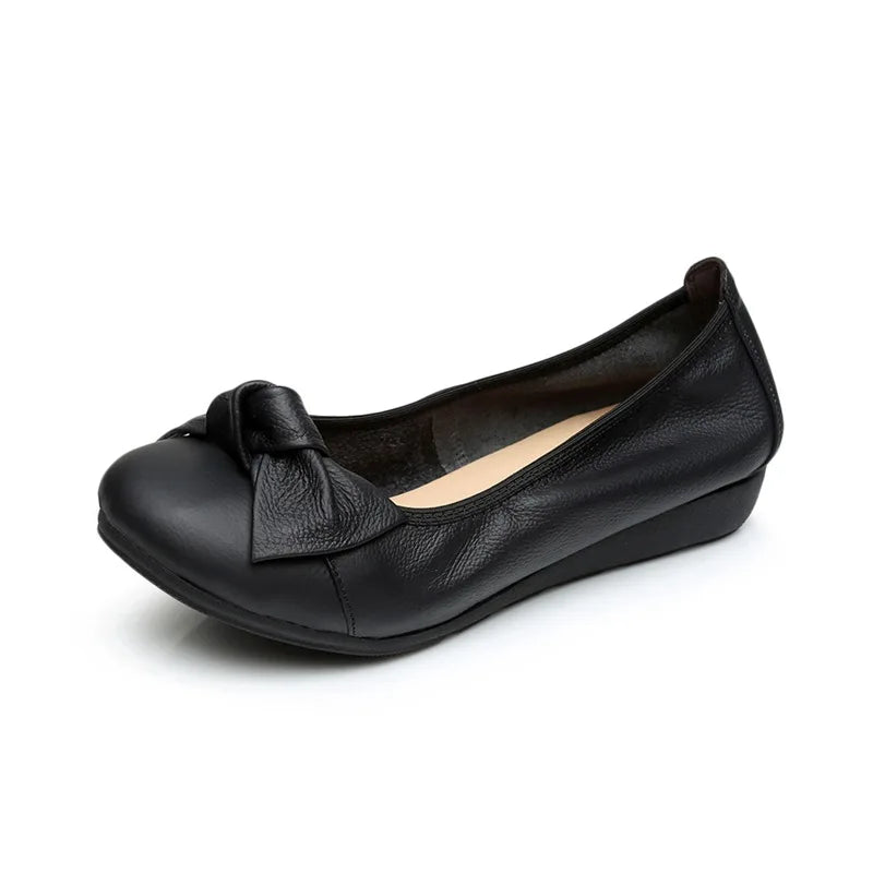 WOIZGIC Women Shoes Mother Flats Casual Cow Genuine Leather Round Bowknot Slip On Loafers Pigskin Vintage 35-40 HN-306