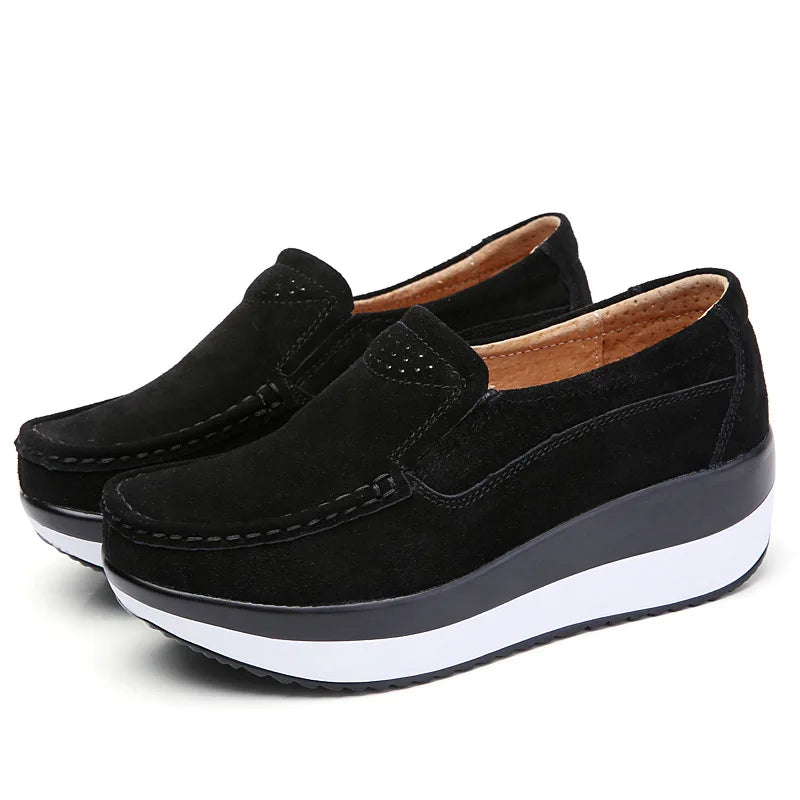 WOIZGIC Mocassins à plateforme en cuir véritable pour femme, chaussures plates, élégantes, à enfiler, en daim de vache, PX-3213