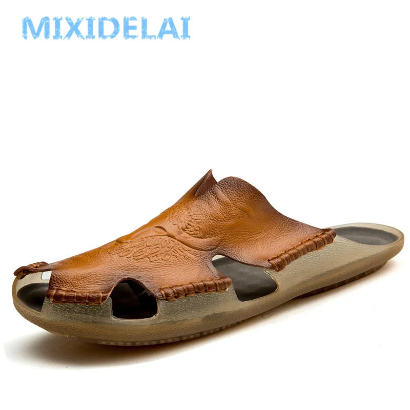 Mixidelai – Chaussons antidérapants en cuir de nouvelle qualité pour hommes, sandales de plage confortables, chaussures d’été pour hommes, pantoufles classiques pour hommes, tongs