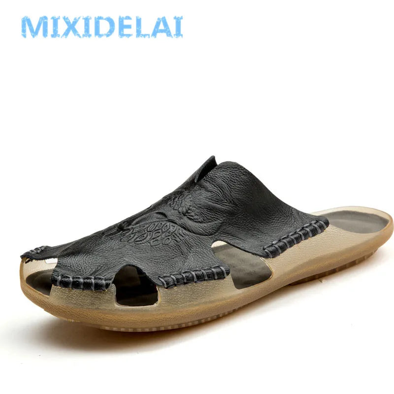 Mixidelai – Chaussons antidérapants en cuir de nouvelle qualité pour hommes, sandales de plage confortables, chaussures d’été pour hommes, pantoufles classiques pour hommes, tongs