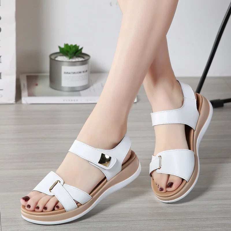 WOIZGIC Femmes Dames Mère Chaussures En Cuir Véritable Sandales Plates Souples Crochet Boucle Coréenne Bling Été Plage Taille 35-40
