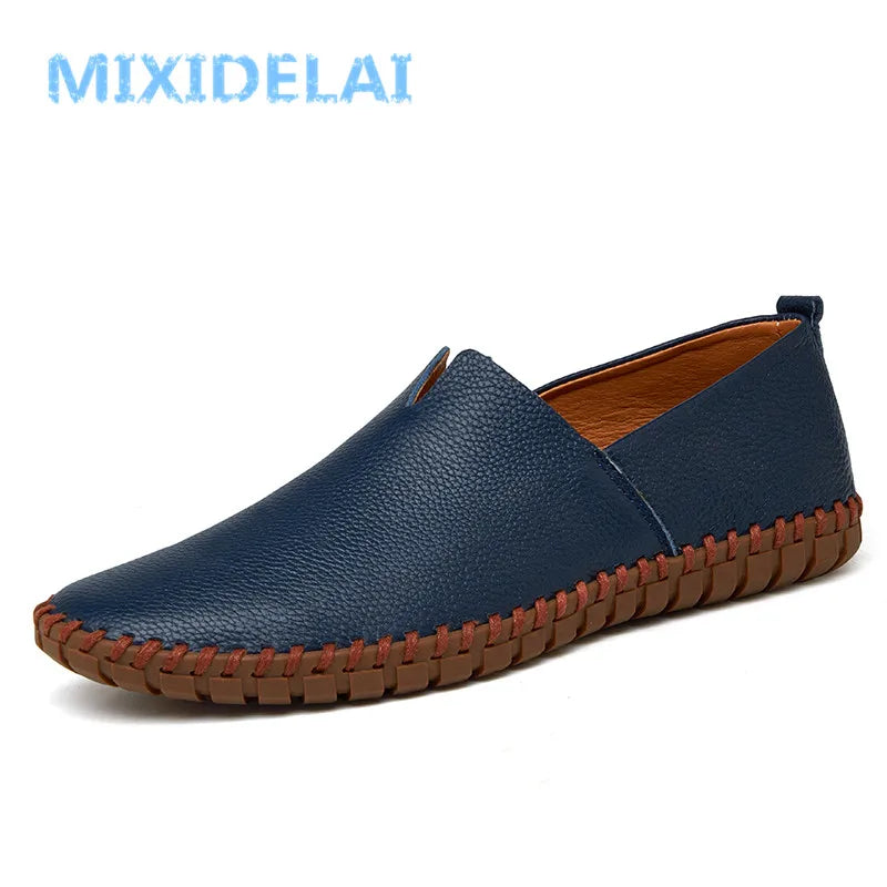 MIXIDELAI Mocassins en cuir de vache véritable pour homme, mocassins tendance faits main, en cuir souple, bleus, à enfiler, grande taille 38 à 47