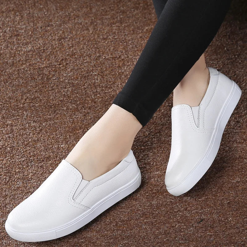 WOIZGIC Femmes Dames Femelle Fille Chaussures Blanches En Cuir Véritable Plateforme Baskets Sans Lacet Chaussures Vulcanisées Souples ZQMF-960