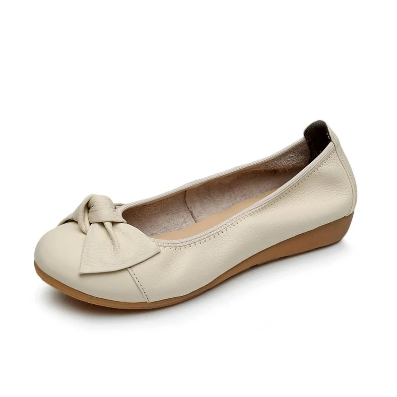 WOIZGIC Women Shoes Mother Flats Casual Cow Genuine Leather Round Bowknot Slip On Loafers Pigskin Vintage 35-40 HN-306