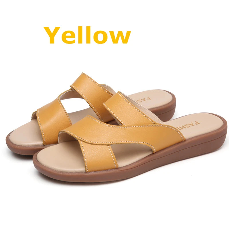 WOIZGIC Nouvelles Femmes Vieille Mère Femmes Dames Chaussures Sandales Vache Véritable Cuir Sans Lacet Été Plage Décontracté Taille 35-40 YL-1802