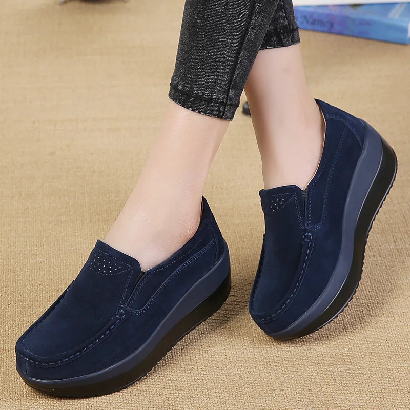 WOIZGIC Mocassins à plateforme en cuir véritable pour femme, chaussures plates, élégantes, à enfiler, en daim de vache, PX-3213