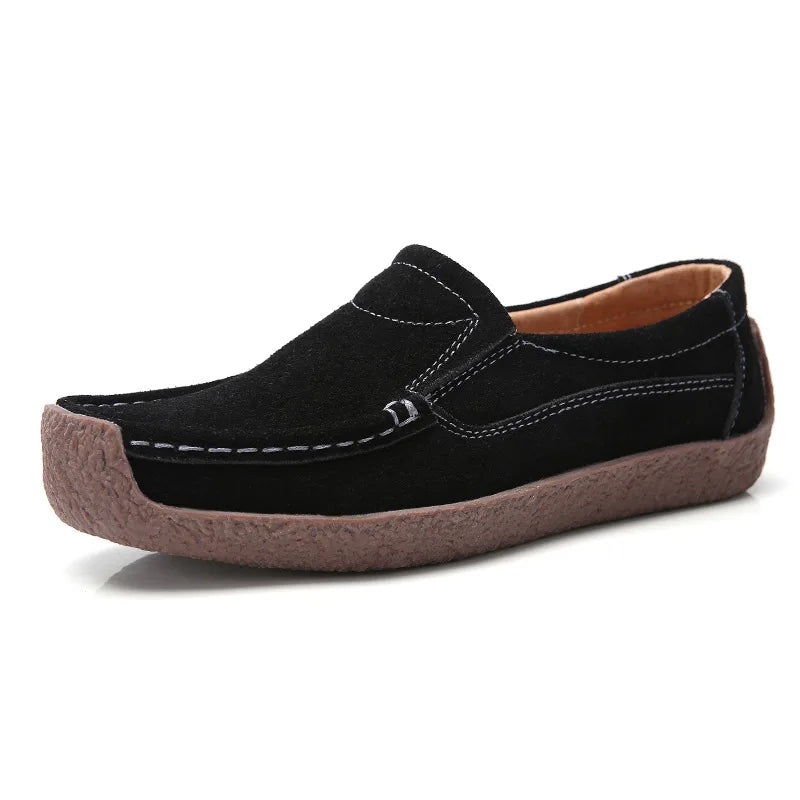 WOIZGIC Gril Female Women's Cow Suede Genuine Leather Shoes Flats Slip On Woman Lady Loafers Slip On Mocasines Mujer AM-526