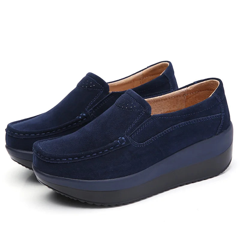 WOIZGIC Mocassins à plateforme en cuir véritable pour femme, chaussures plates, élégantes, à enfiler, en daim de vache, PX-3213