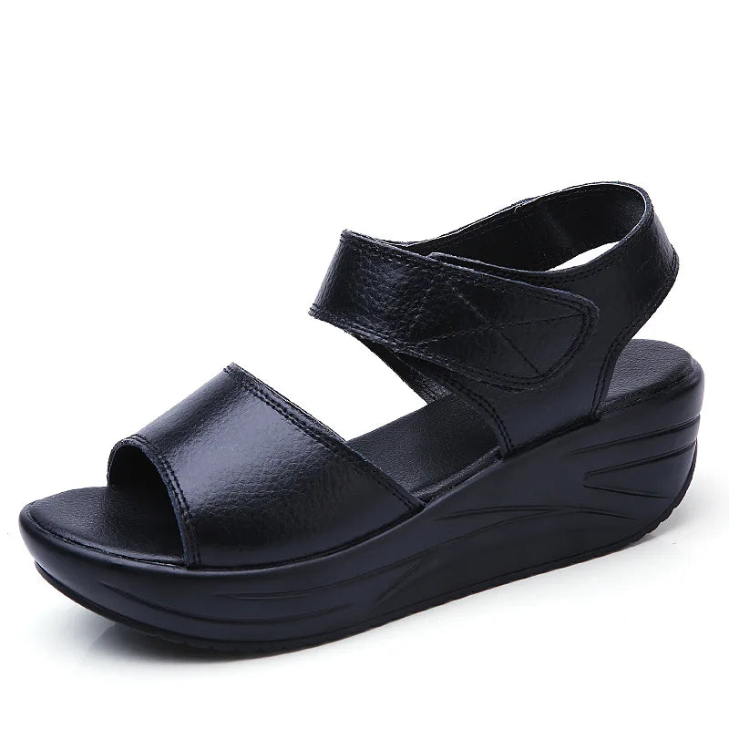 WOIZGIC Femmes Mère Dames Femmes Véritable Chaussures En Cuir Sandales Femme Plateforme Crochet Boucle Décontracté Été Cool Plage AM-9018