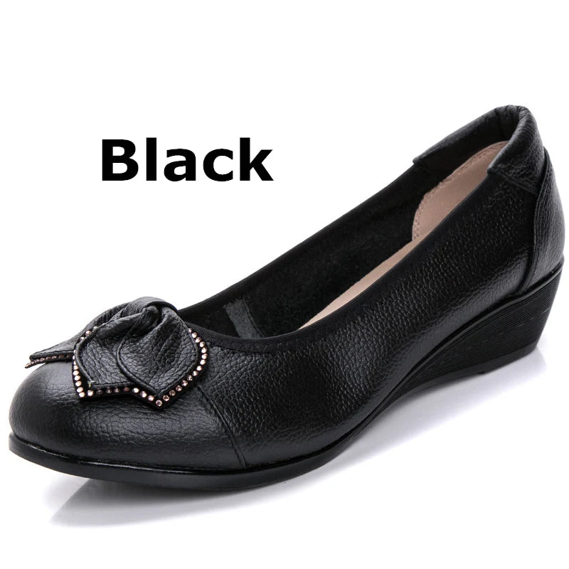 WOIZGIC Femmes Mère Vieilles Chaussures Plates Mocassins Vache Véritable Cuir Peau De Porc Caoutchouc Daim Sans Lacet Bowknot Décontracté 34-43 HC-1107
