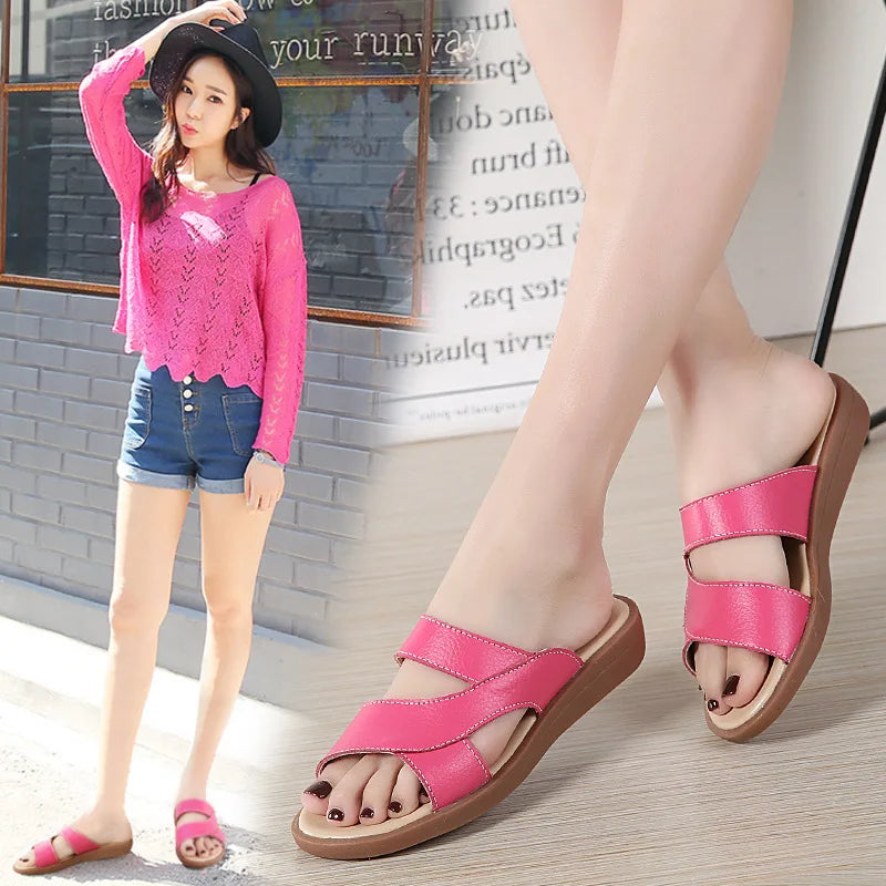 WOIZGIC Nouvelles Femmes Vieille Mère Femmes Dames Chaussures Sandales Vache Véritable Cuir Sans Lacet Été Plage Décontracté Taille 35-40 YL-1802