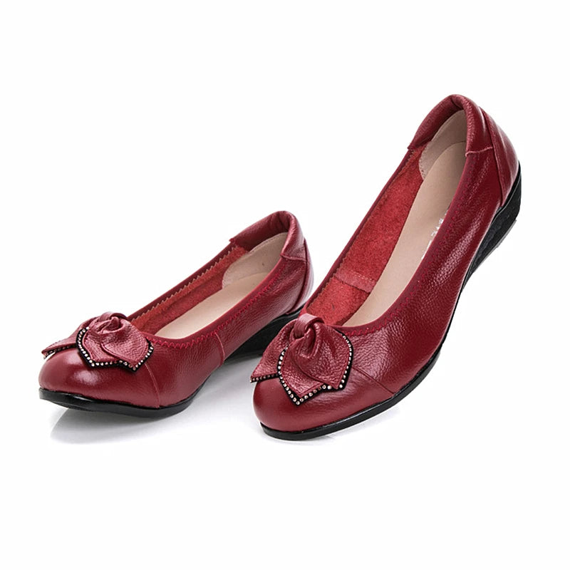 WOIZGIC Femmes Mère Vieilles Chaussures Plates Mocassins Vache Véritable Cuir Peau De Porc Caoutchouc Daim Sans Lacet Bowknot Décontracté 34-43 HC-1107
