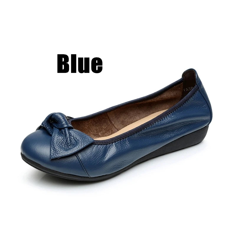 WOIZGIC Women Shoes Mother Flats Casual Cow Genuine Leather Round Bowknot Slip On Loafers Pigskin Vintage 35-40 HN-306