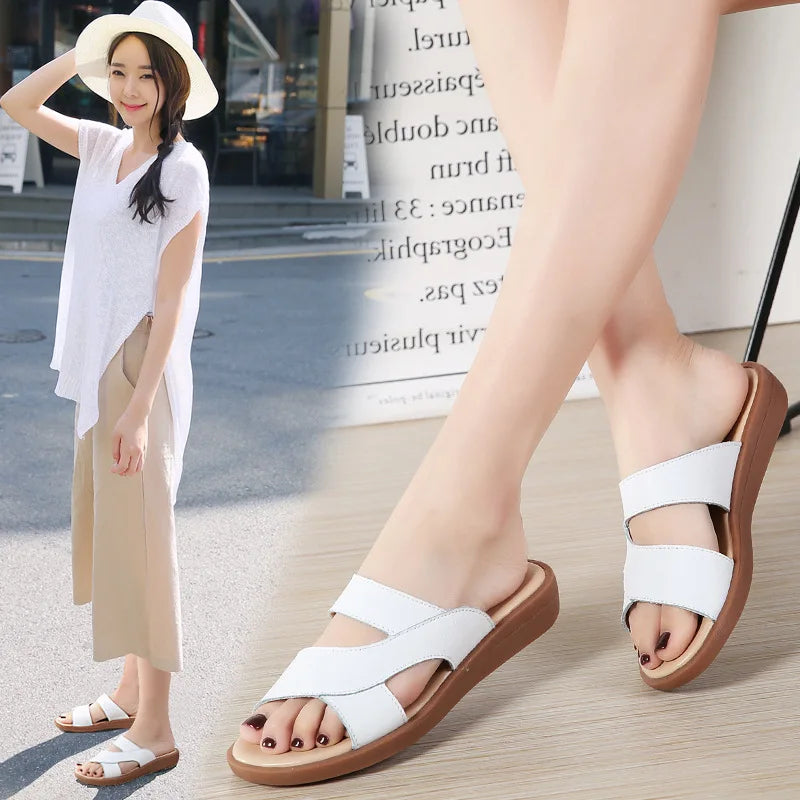 WOIZGIC Nouvelles Femmes Vieille Mère Femmes Dames Chaussures Sandales Vache Véritable Cuir Sans Lacet Été Plage Décontracté Taille 35-40 YL-1802