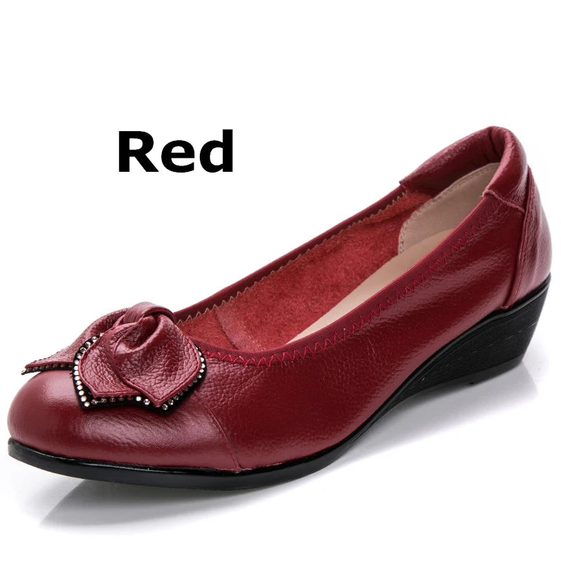 WOIZGIC Femmes Mère Vieilles Chaussures Plates Mocassins Vache Véritable Cuir Peau De Porc Caoutchouc Daim Sans Lacet Bowknot Décontracté 34-43 HC-1107