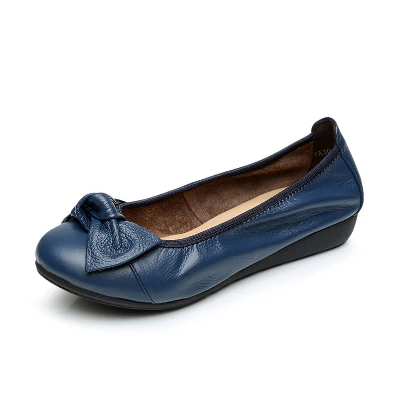 WOIZGIC Women Shoes Mother Flats Casual Cow Genuine Leather Round Bowknot Slip On Loafers Pigskin Vintage 35-40 HN-306