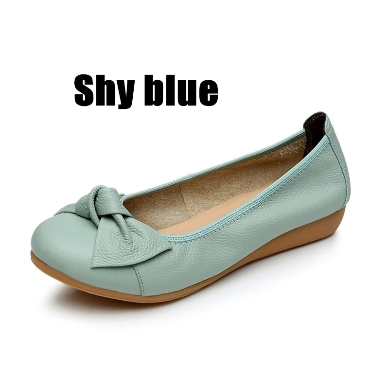 WOIZGIC Women Shoes Mother Flats Casual Cow Genuine Leather Round Bowknot Slip On Loafers Pigskin Vintage 35-40 HN-306