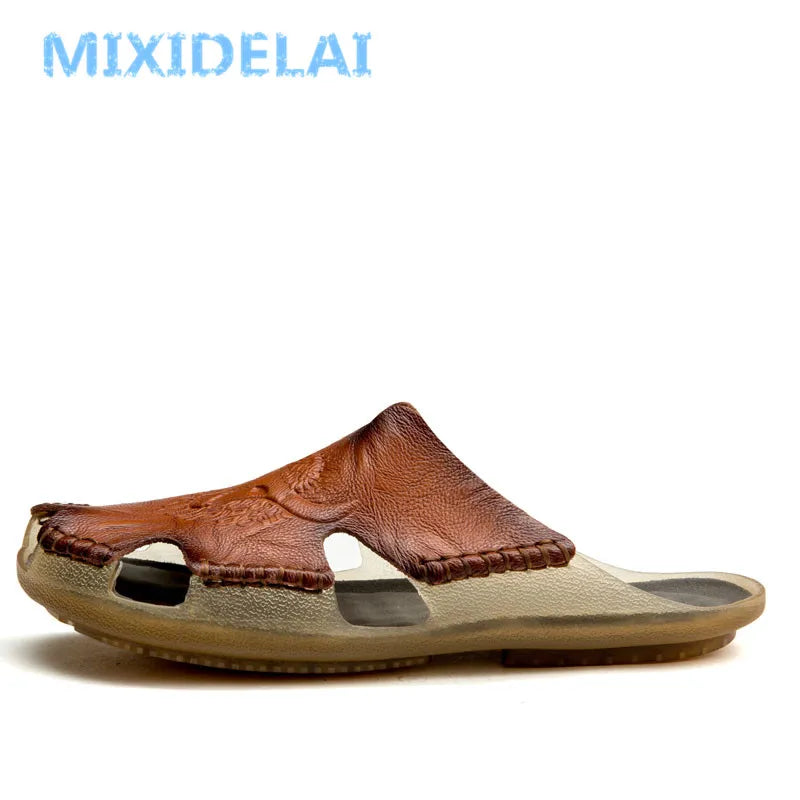 Mixidelai – Chaussons antidérapants en cuir de nouvelle qualité pour hommes, sandales de plage confortables, chaussures d’été pour hommes, pantoufles classiques pour hommes, tongs