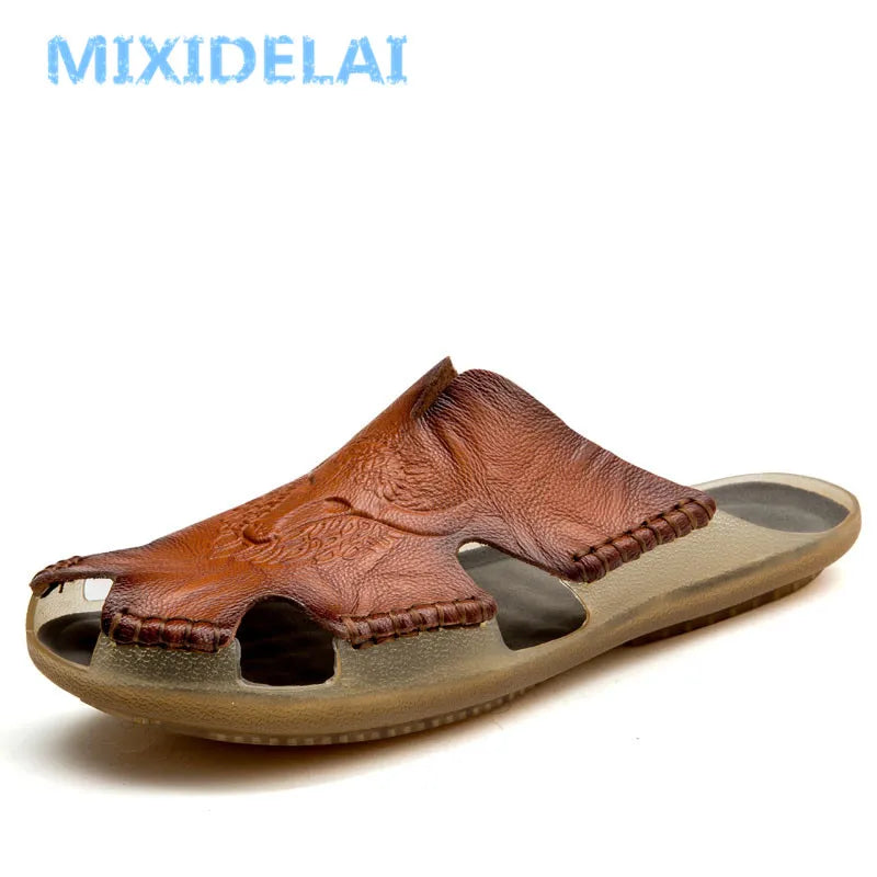 Mixidelai – Chaussons antidérapants en cuir de nouvelle qualité pour hommes, sandales de plage confortables, chaussures d’été pour hommes, pantoufles classiques pour hommes, tongs