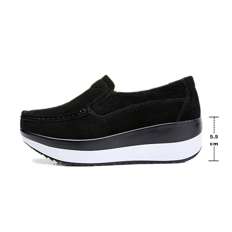 WOIZGIC Mocassins à plateforme en cuir véritable pour femme, chaussures plates, élégantes, à enfiler, en daim de vache, PX-3213