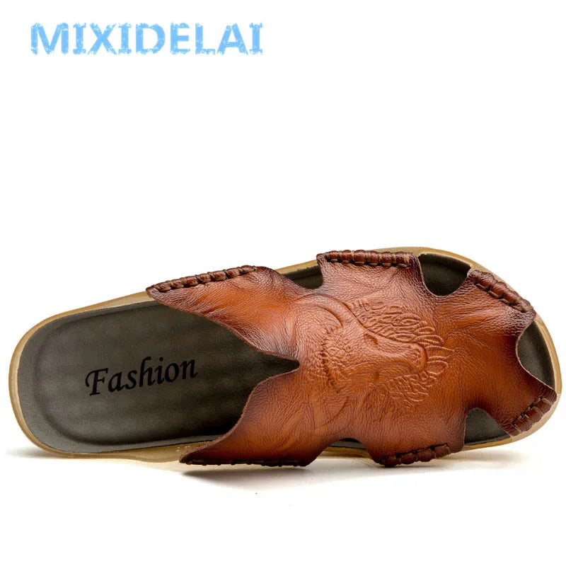 Mixidelai – Chaussons antidérapants en cuir de nouvelle qualité pour hommes, sandales de plage confortables, chaussures d’été pour hommes, pantoufles classiques pour hommes, tongs
