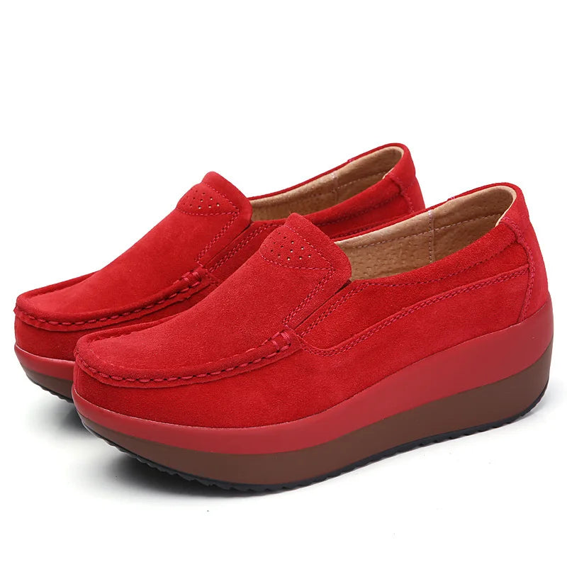 WOIZGIC Mocassins à plateforme en cuir véritable pour femme, chaussures plates, élégantes, à enfiler, en daim de vache, PX-3213