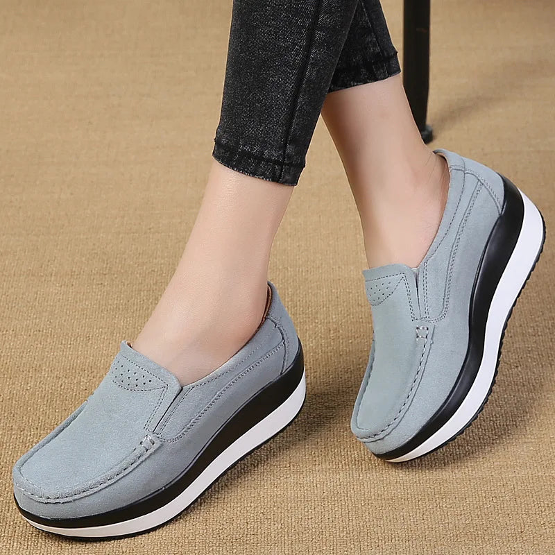 WOIZGIC Mocassins à plateforme en cuir véritable pour femme, chaussures plates, élégantes, à enfiler, en daim de vache, PX-3213