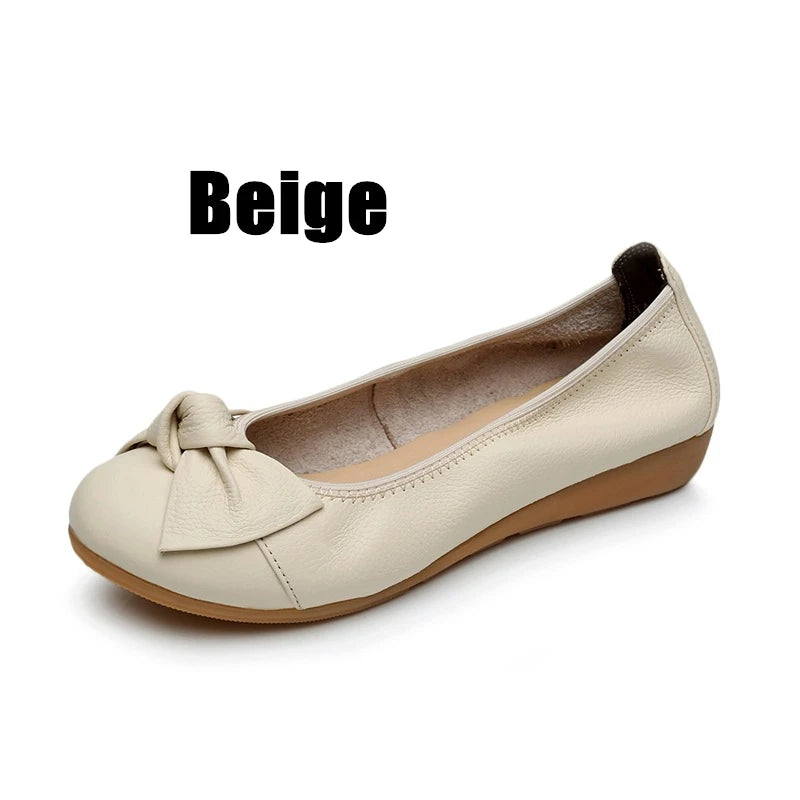 WOIZGIC Women Shoes Mother Flats Casual Cow Genuine Leather Round Bowknot Slip On Loafers Pigskin Vintage 35-40 HN-306