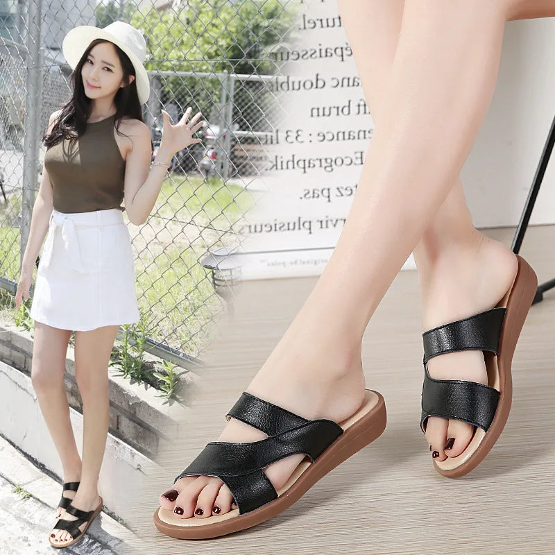 WOIZGIC Nouvelles Femmes Vieille Mère Femmes Dames Chaussures Sandales Vache Véritable Cuir Sans Lacet Été Plage Décontracté Taille 35-40 YL-1802