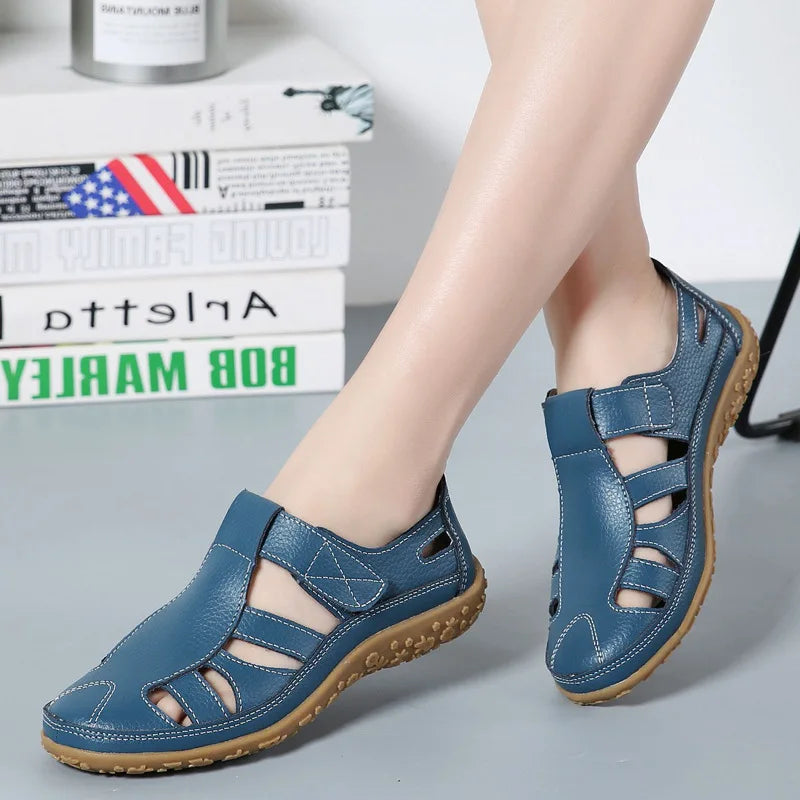 WOIZGIC Femmes Dames Femme Mère Chaussures En Cuir Véritable Sandales Gladiateur Été Plage Cool Creux Souple Crochet Boucle LLX-9568
