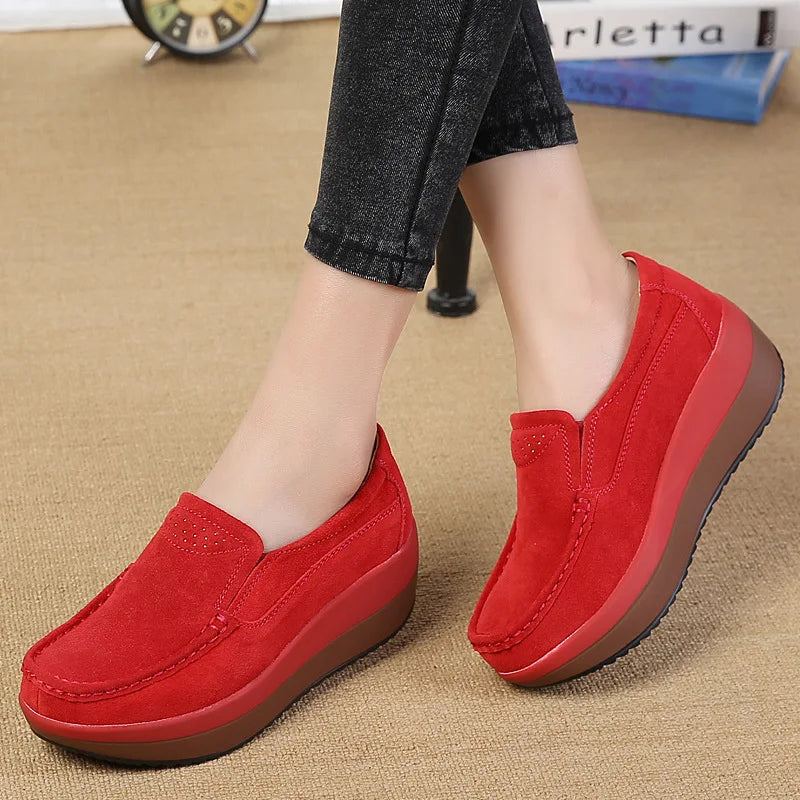 WOIZGIC Mocassins à plateforme en cuir véritable pour femme, chaussures plates, élégantes, à enfiler, en daim de vache, PX-3213
